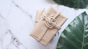 gifts wrapped in sustainable wrapping paper surrounded by plants