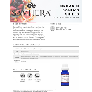 Organic Sonia's Shield Essential Oil Immunity Blend Fact Sheet - Savhera