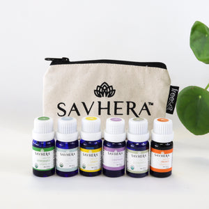 This singles starter kit comes in an organic cotton pouch and contains organic peppermint, tea tree, lemon, lavender, eucalyptus and orange essential oils. 