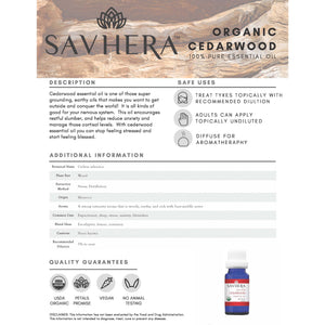 Organic cedarwood essential oil information sheet | Savhera